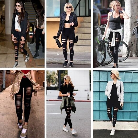 NASTY GAL HIGH WAIST LASER SHREDDED RIPPED LEGGINGS IN BLACK SIZE XS, S, M, L - Picture 2 of 7